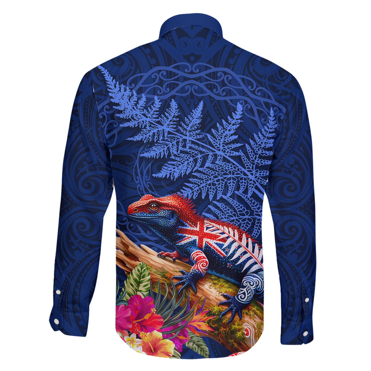 New Zealand Tuatara Family Matching Puletasi and Hawaiian Shirt Silver Fern Hibiscus and Tribal Maori Pattern Blue Color LT03 - Polynesian Pride