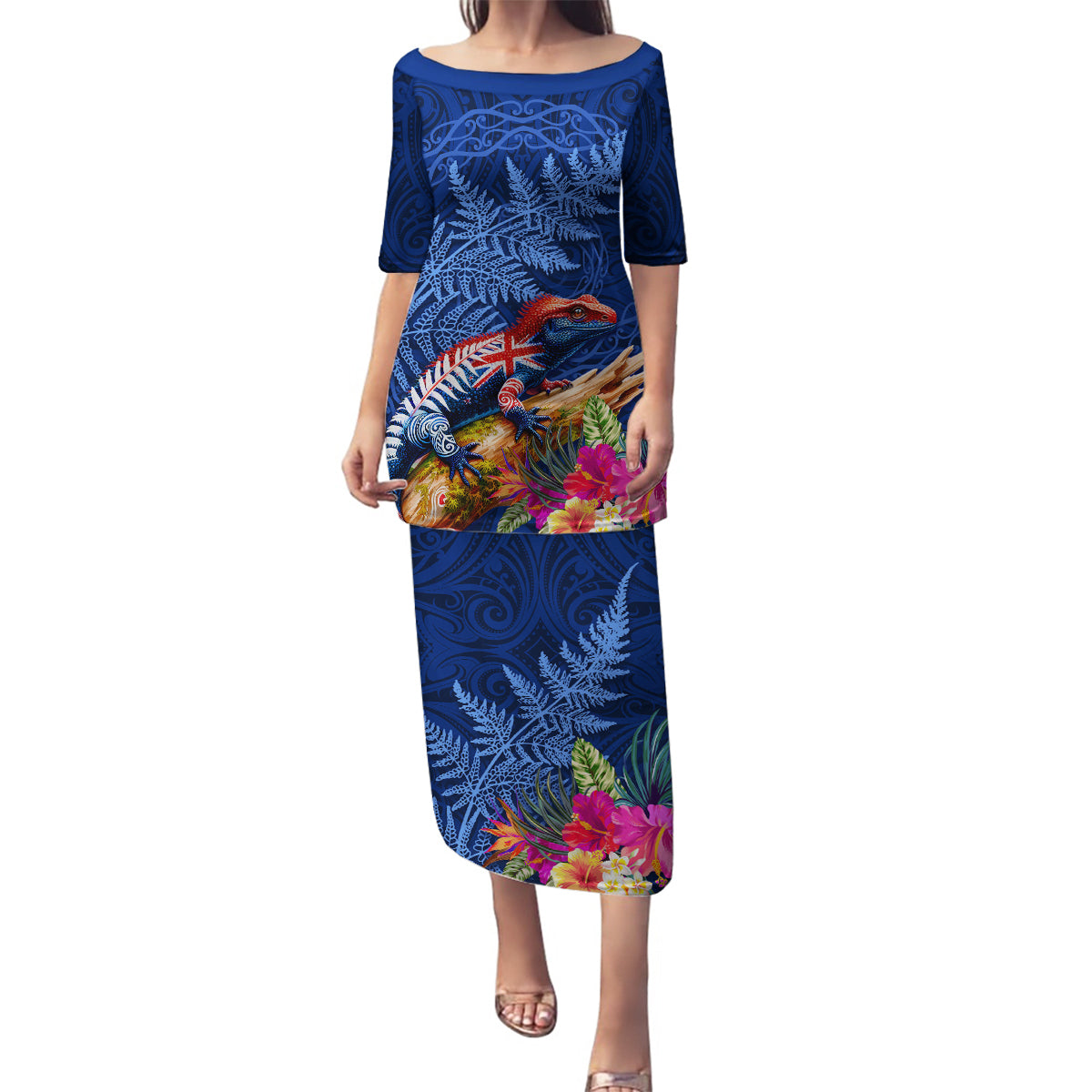 New Zealand Tuatara Family Matching Puletasi and Hawaiian Shirt Silver Fern Hibiscus and Tribal Maori Pattern Blue Color LT03 Mom's Dress Blue - Polynesian Pride