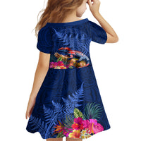 New Zealand Tuatara Family Matching Short Sleeve Bodycon Dress and Hawaiian Shirt Silver Fern Hibiscus and Tribal Maori Pattern Blue Color LT03 - Polynesian Pride