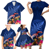 New Zealand Tuatara Family Matching Short Sleeve Bodycon Dress and Hawaiian Shirt Silver Fern Hibiscus and Tribal Maori Pattern Blue Color LT03 - Polynesian Pride