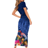 New Zealand Tuatara Family Matching Short Sleeve Bodycon Dress and Hawaiian Shirt Silver Fern Hibiscus and Tribal Maori Pattern Blue Color LT03 - Polynesian Pride