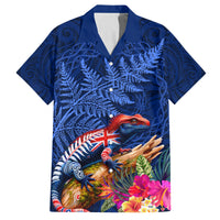 New Zealand Tuatara Family Matching Summer Maxi Dress and Hawaiian Shirt Silver Fern Hibiscus and Tribal Maori Pattern Blue Color LT03 Dad's Shirt - Short Sleeve Blue - Polynesian Pride