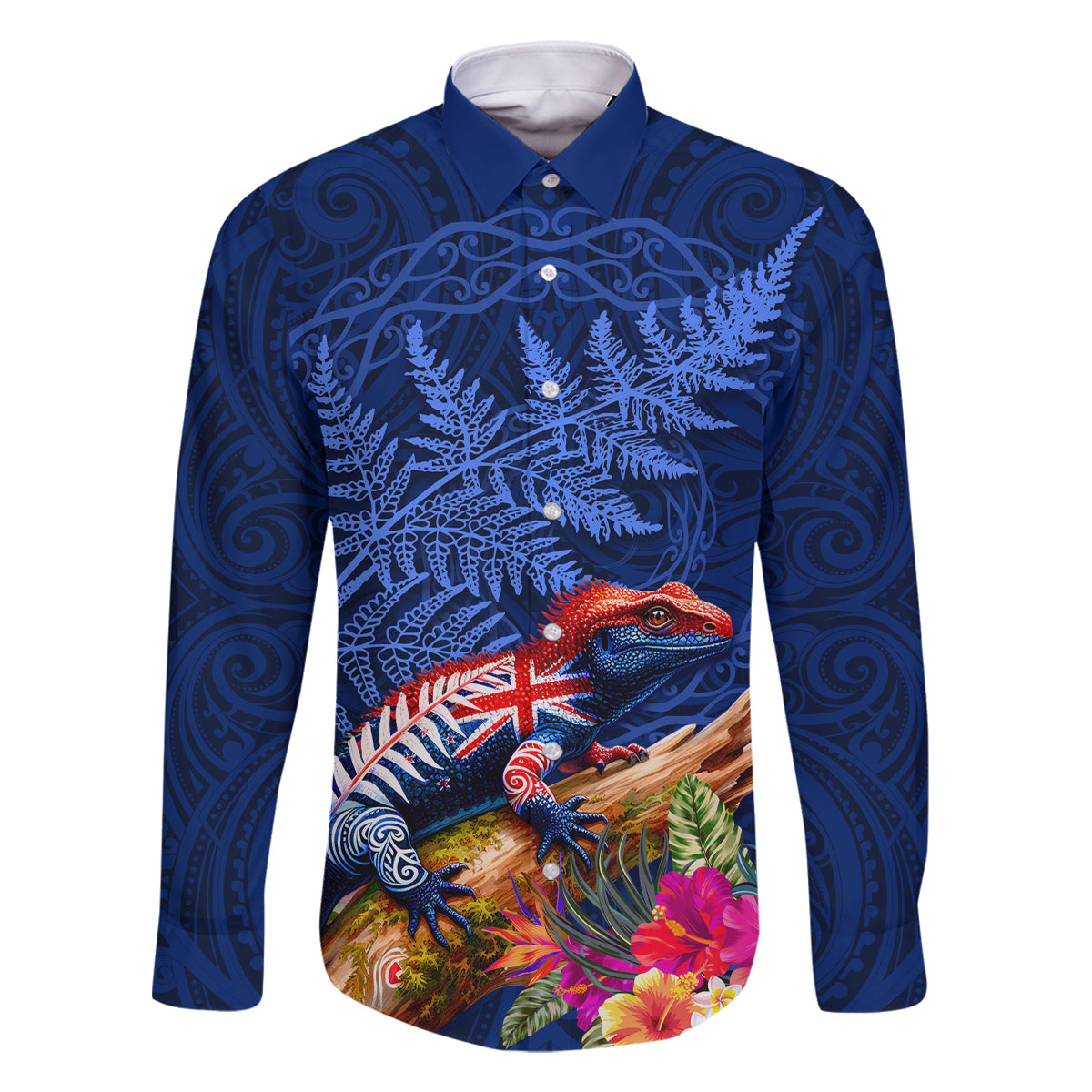 New Zealand Tuatara Family Matching Summer Maxi Dress and Hawaiian Shirt Silver Fern Hibiscus and Tribal Maori Pattern Blue Color LT03 Dad's Shirt - Long Sleeve Blue - Polynesian Pride