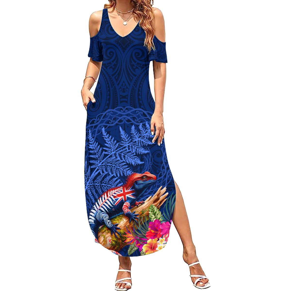New Zealand Tuatara Family Matching Summer Maxi Dress and Hawaiian Shirt Silver Fern Hibiscus and Tribal Maori Pattern Blue Color LT03 Mom's Dress Blue - Polynesian Pride