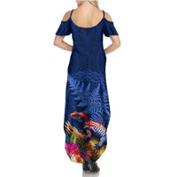 New Zealand Tuatara Family Matching Summer Maxi Dress and Hawaiian Shirt Silver Fern Hibiscus and Tribal Maori Pattern Blue Color LT03 - Polynesian Pride
