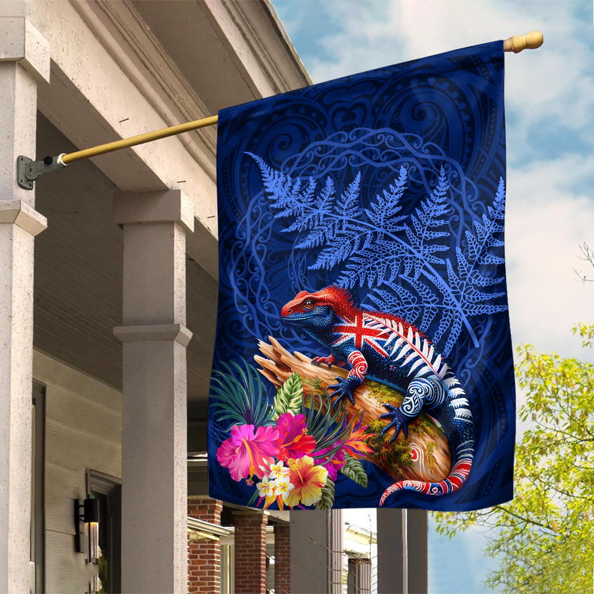 New Zealand Tuatara Garden Flag Silver Fern Hibiscus and Tribal Maori Pattern Blue Color LT03 House Flag Blue - Polynesian Pride