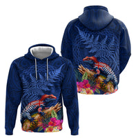 New Zealand Tuatara Hoodie Silver Fern Hibiscus and Tribal Maori Pattern Blue Color LT03 - Polynesian Pride