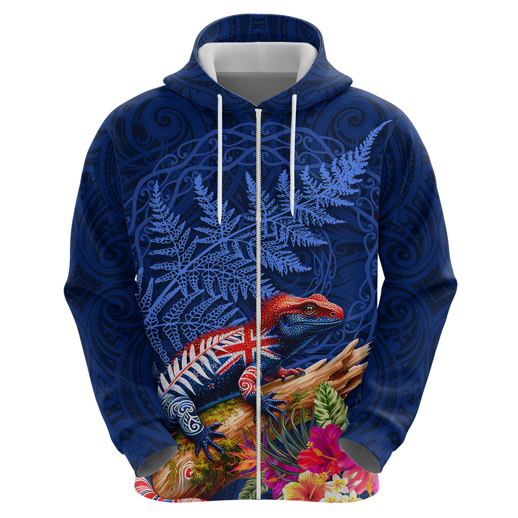 New Zealand Tuatara Hoodie Silver Fern Hibiscus and Tribal Maori Pattern Blue Color LT03 - Polynesian Pride