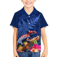New Zealand Tuatara Kid Hawaiian Shirt Silver Fern Hibiscus and Tribal Maori Pattern Blue Color LT03 Kid Blue - Polynesian Pride