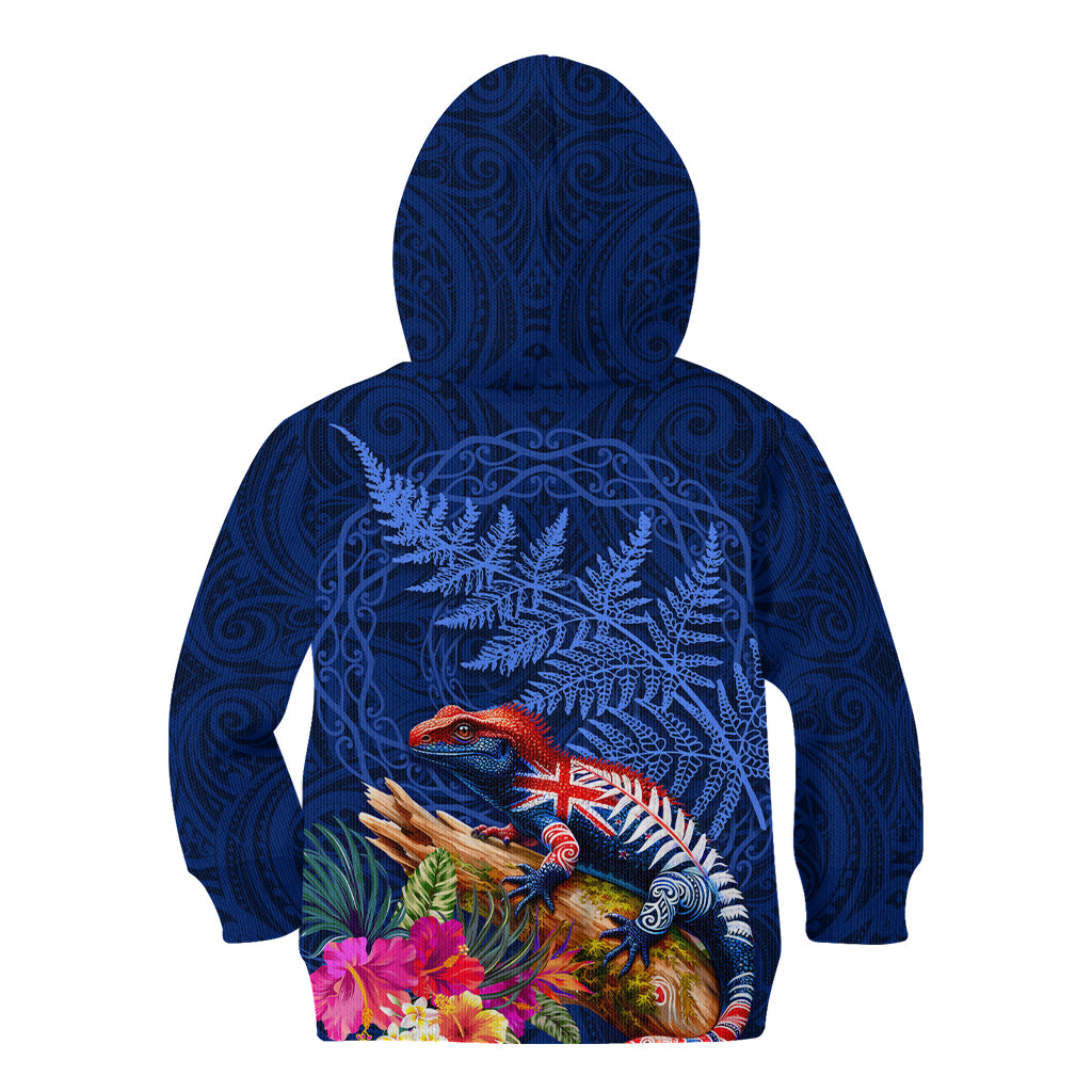New Zealand Tuatara Kid Hoodie Silver Fern Hibiscus and Tribal Maori Pattern Blue Color LT03 - Polynesian Pride