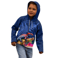 New Zealand Tuatara Kid Hoodie Silver Fern Hibiscus and Tribal Maori Pattern Blue Color LT03 - Polynesian Pride