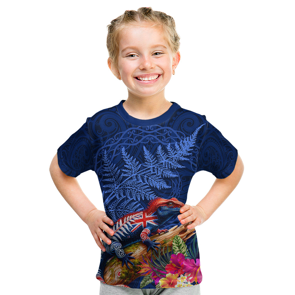 New Zealand Tuatara Kid T Shirt Silver Fern Hibiscus and Tribal Maori Pattern Blue Color LT03 Blue - Polynesian Pride