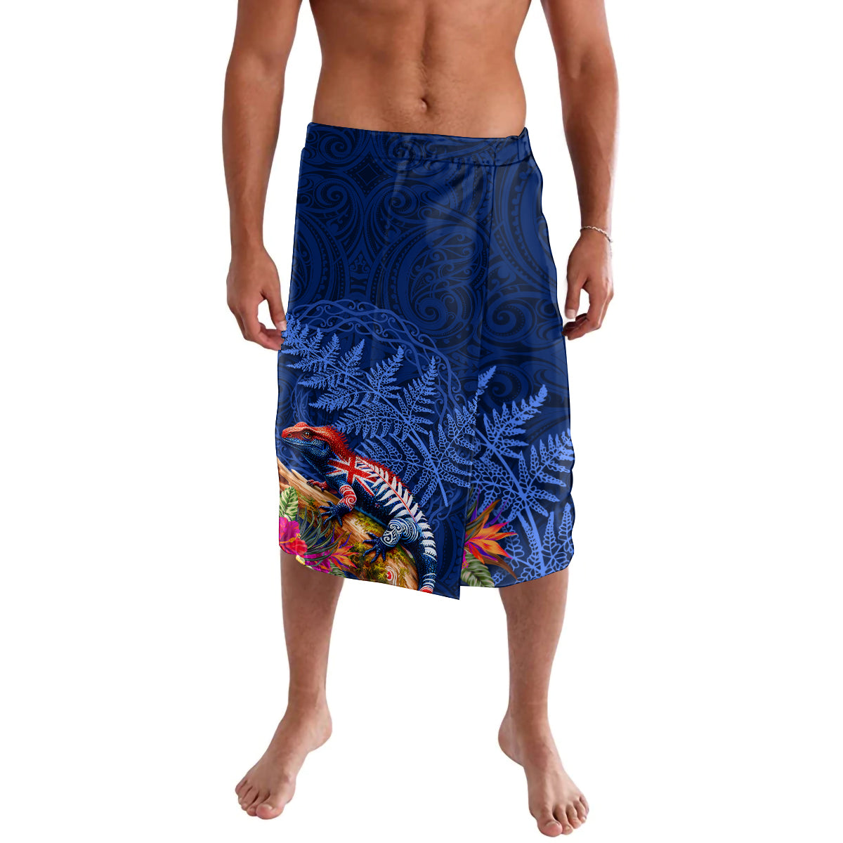 New Zealand Tuatara Lavalava Silver Fern Hibiscus and Tribal Maori Pattern Blue Color LT03 Blue - Polynesian Pride