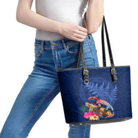 New Zealand Tuatara Leather Tote Bag Silver Fern Hibiscus and Tribal Maori Pattern Blue Color LT03 - Polynesian Pride