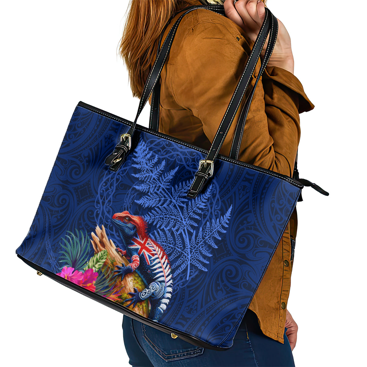New Zealand Tuatara Leather Tote Bag Silver Fern Hibiscus and Tribal Maori Pattern Blue Color LT03 - Polynesian Pride