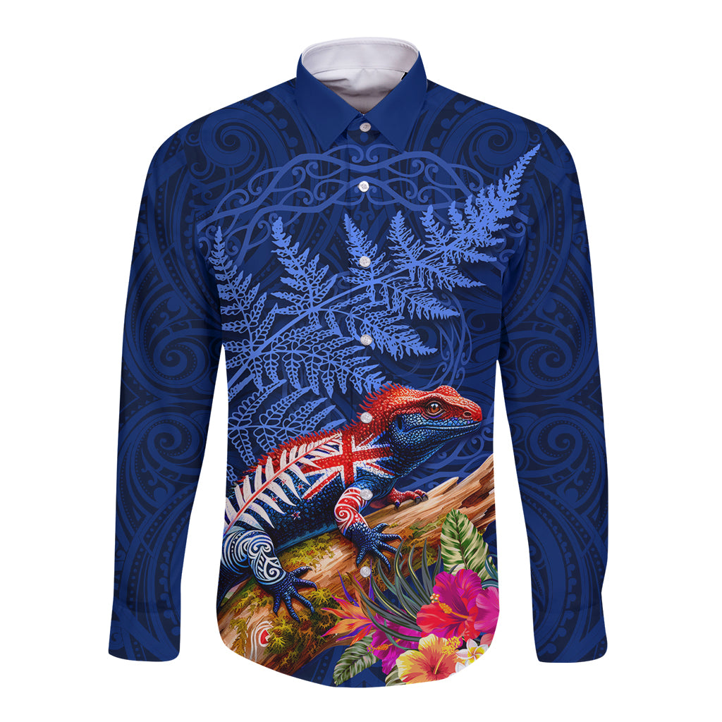 New Zealand Tuatara Long Sleeve Button Shirt Silver Fern Hibiscus and Tribal Maori Pattern Blue Color LT03 Unisex Blue - Polynesian Pride