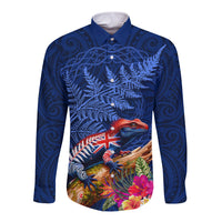 New Zealand Tuatara Long Sleeve Button Shirt Silver Fern Hibiscus and Tribal Maori Pattern Blue Color LT03 Unisex Blue - Polynesian Pride