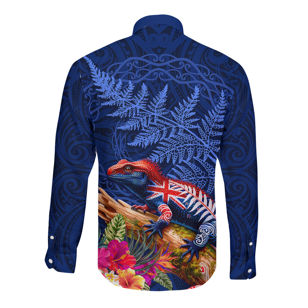 New Zealand Tuatara Long Sleeve Button Shirt Silver Fern Hibiscus and Tribal Maori Pattern Blue Color LT03 - Polynesian Pride
