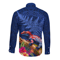 New Zealand Tuatara Long Sleeve Button Shirt Silver Fern Hibiscus and Tribal Maori Pattern Blue Color LT03 - Polynesian Pride