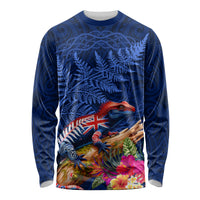 New Zealand Tuatara Long Sleeve Shirt Silver Fern Hibiscus and Tribal Maori Pattern Blue Color LT03 Unisex Blue - Polynesian Pride