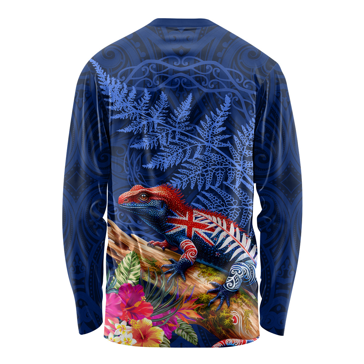 New Zealand Tuatara Long Sleeve Shirt Silver Fern Hibiscus and Tribal Maori Pattern Blue Color LT03 - Polynesian Pride