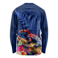 New Zealand Tuatara Long Sleeve Shirt Silver Fern Hibiscus and Tribal Maori Pattern Blue Color LT03 - Polynesian Pride