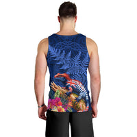 New Zealand Tuatara Men Tank Top Silver Fern Hibiscus and Tribal Maori Pattern Blue Color LT03 - Polynesian Pride