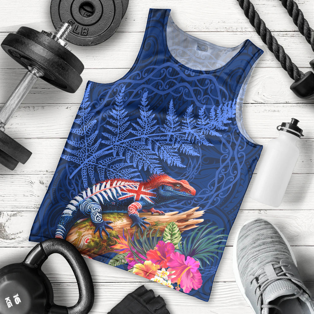 New Zealand Tuatara Men Tank Top Silver Fern Hibiscus and Tribal Maori Pattern Blue Color LT03 - Polynesian Pride