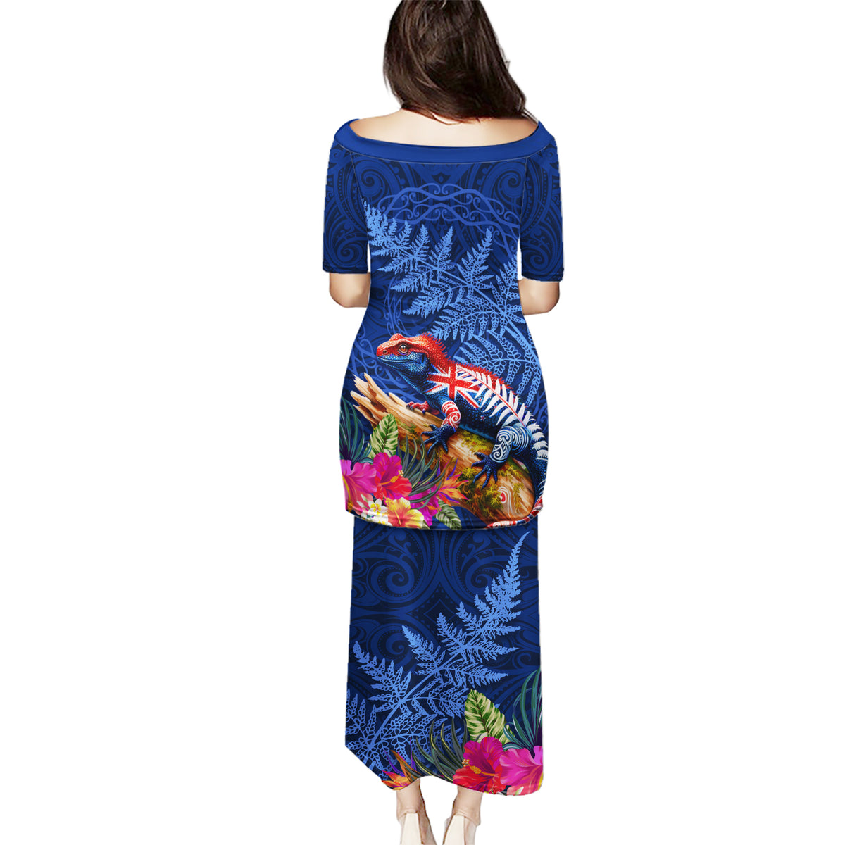 New Zealand Tuatara Puletasi Silver Fern Hibiscus and Tribal Maori Pattern Blue Color LT03 - Polynesian Pride