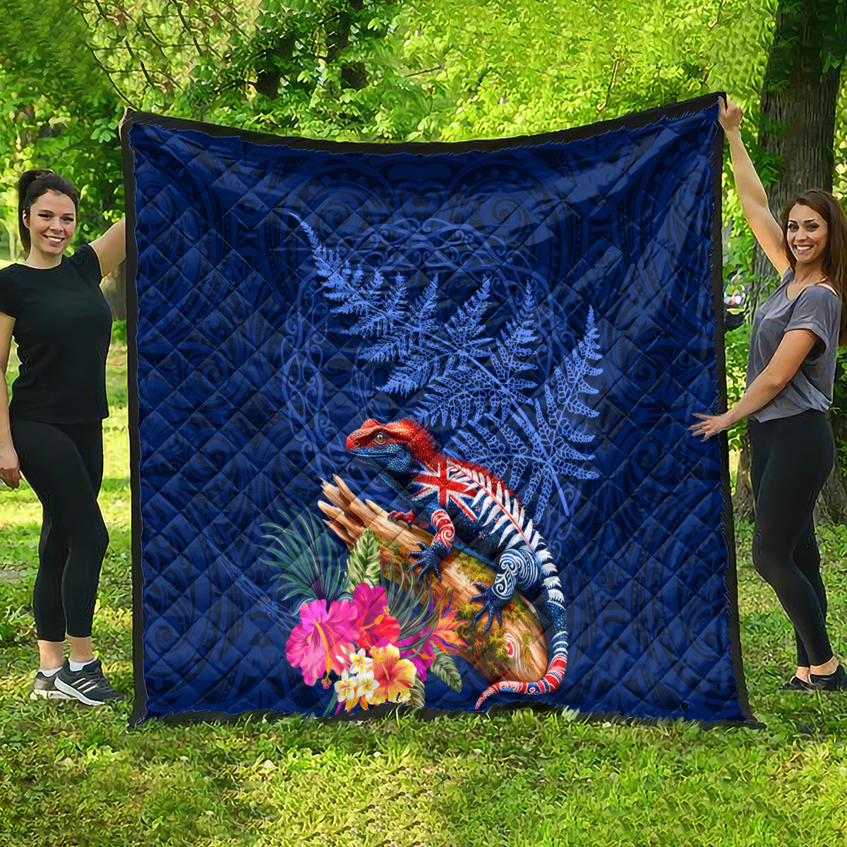 New Zealand Tuatara Quilt Silver Fern Hibiscus and Tribal Maori Pattern Blue Color LT03 - Polynesian Pride