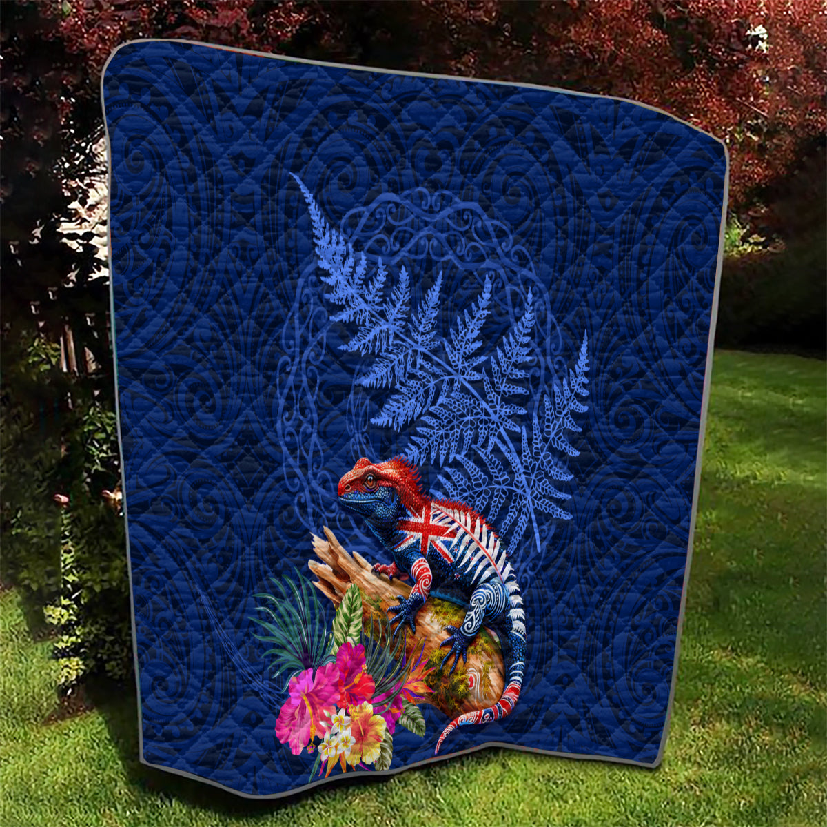 New Zealand Tuatara Quilt Silver Fern Hibiscus and Tribal Maori Pattern Blue Color LT03 - Polynesian Pride