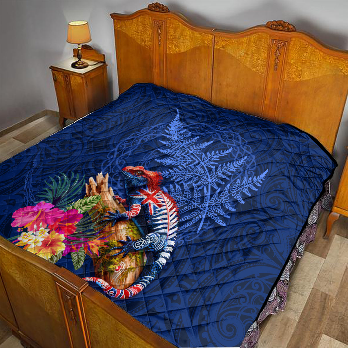 New Zealand Tuatara Quilt Silver Fern Hibiscus and Tribal Maori Pattern Blue Color LT03 - Polynesian Pride