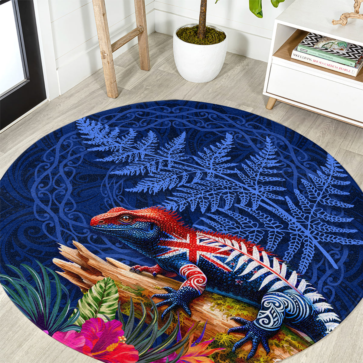 New Zealand Tuatara Round Carpet Silver Fern Hibiscus and Tribal Maori Pattern Blue Color LT03 Blue - Polynesian Pride