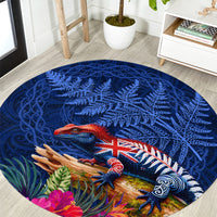New Zealand Tuatara Round Carpet Silver Fern Hibiscus and Tribal Maori Pattern Blue Color LT03 Blue - Polynesian Pride