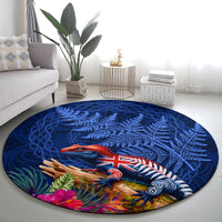 New Zealand Tuatara Round Carpet Silver Fern Hibiscus and Tribal Maori Pattern Blue Color LT03 - Polynesian Pride