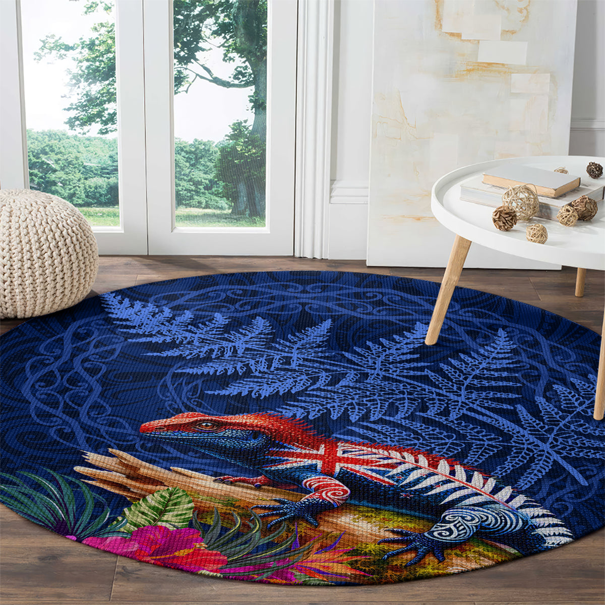 New Zealand Tuatara Round Carpet Silver Fern Hibiscus and Tribal Maori Pattern Blue Color LT03 - Polynesian Pride