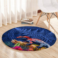 New Zealand Tuatara Round Carpet Silver Fern Hibiscus and Tribal Maori Pattern Blue Color LT03 - Polynesian Pride