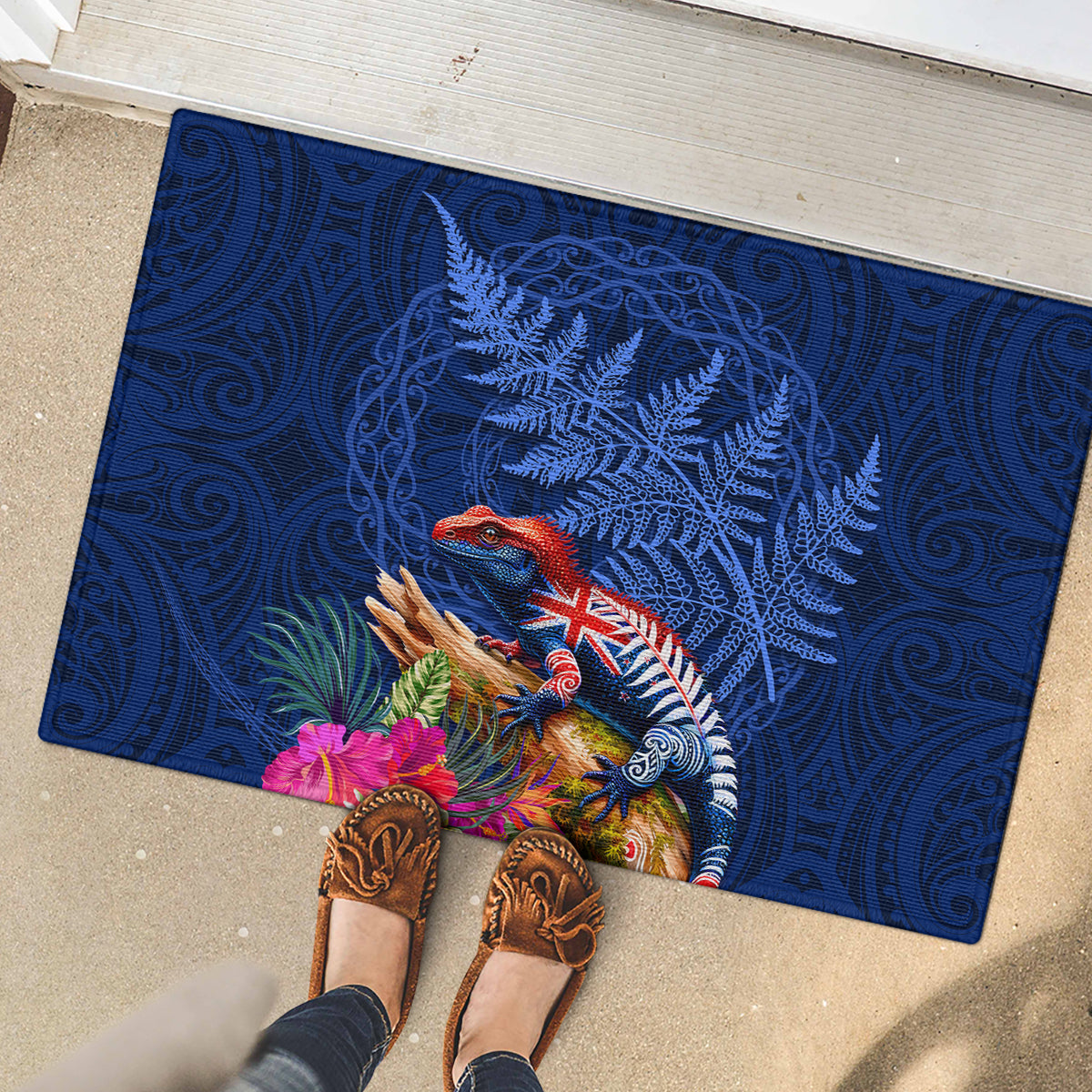 New Zealand Tuatara Rubber Doormat Silver Fern Hibiscus and Tribal Maori Pattern Blue Color LT03 - Polynesian Pride
