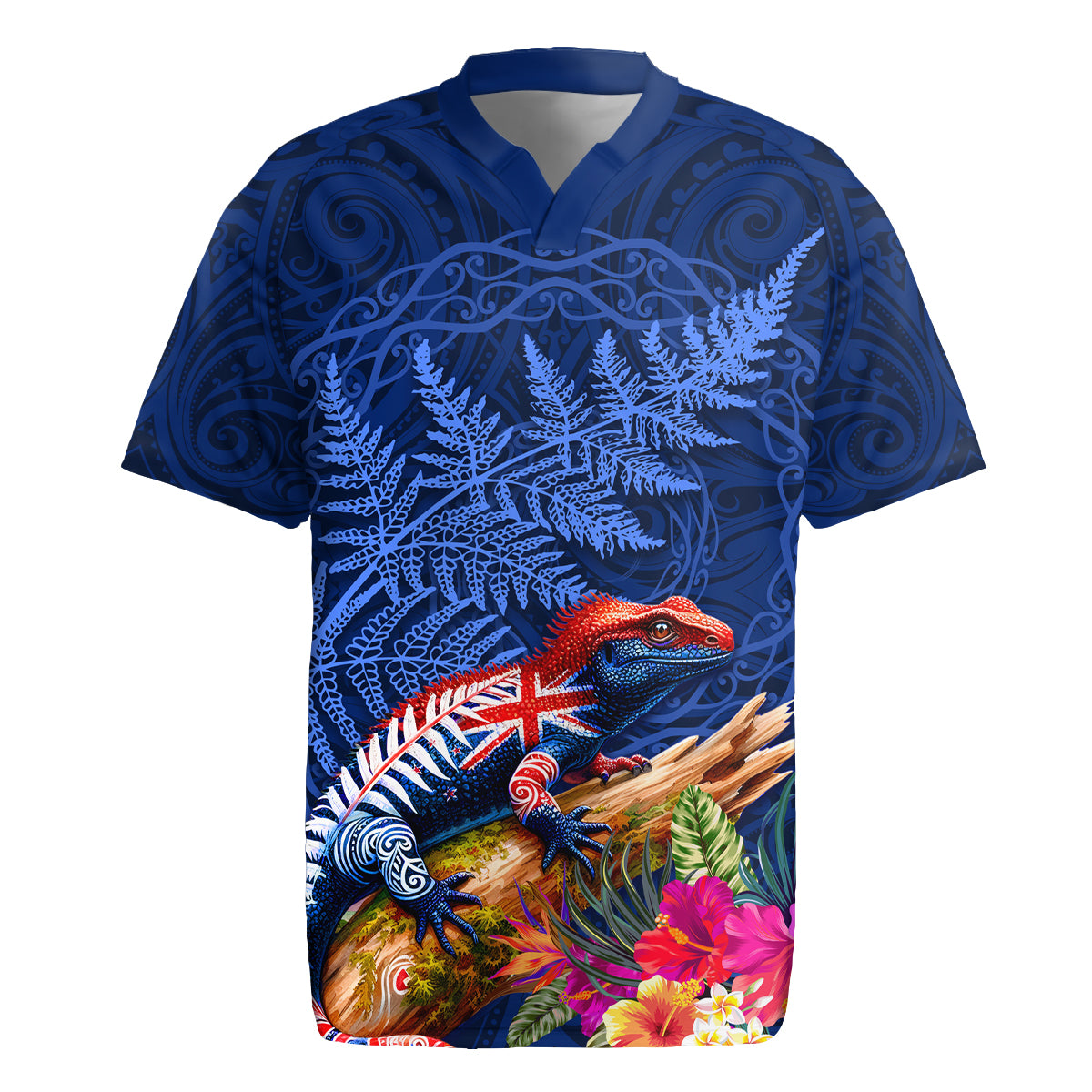 New Zealand Tuatara Rugby Jersey Silver Fern Hibiscus and Tribal Maori Pattern Blue Color LT03 Blue - Polynesian Pride