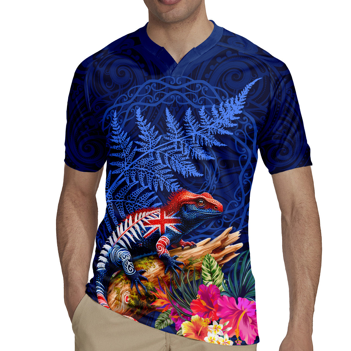 New Zealand Tuatara Rugby Jersey Silver Fern Hibiscus and Tribal Maori Pattern Blue Color LT03 - Polynesian Pride