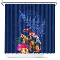 New Zealand Tuatara Shower Curtain Silver Fern Hibiscus and Tribal Maori Pattern Blue Color LT03 Blue - Polynesian Pride