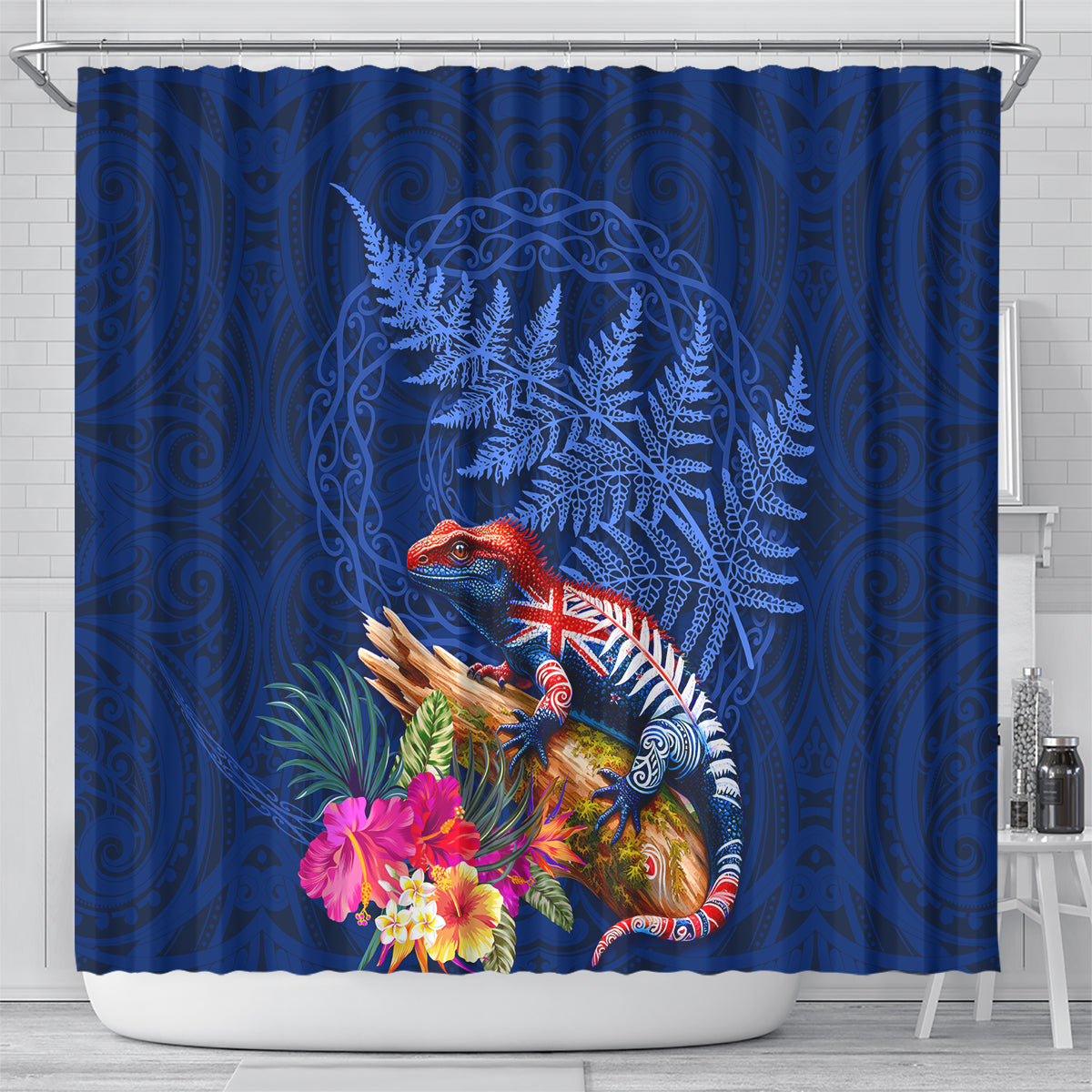 New Zealand Tuatara Shower Curtain Silver Fern Hibiscus and Tribal Maori Pattern Blue Color LT03 - Polynesian Pride