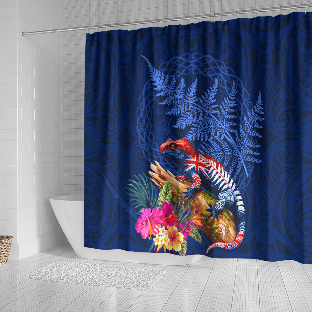 New Zealand Tuatara Shower Curtain Silver Fern Hibiscus and Tribal Maori Pattern Blue Color LT03 - Polynesian Pride