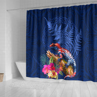 New Zealand Tuatara Shower Curtain Silver Fern Hibiscus and Tribal Maori Pattern Blue Color LT03 - Polynesian Pride