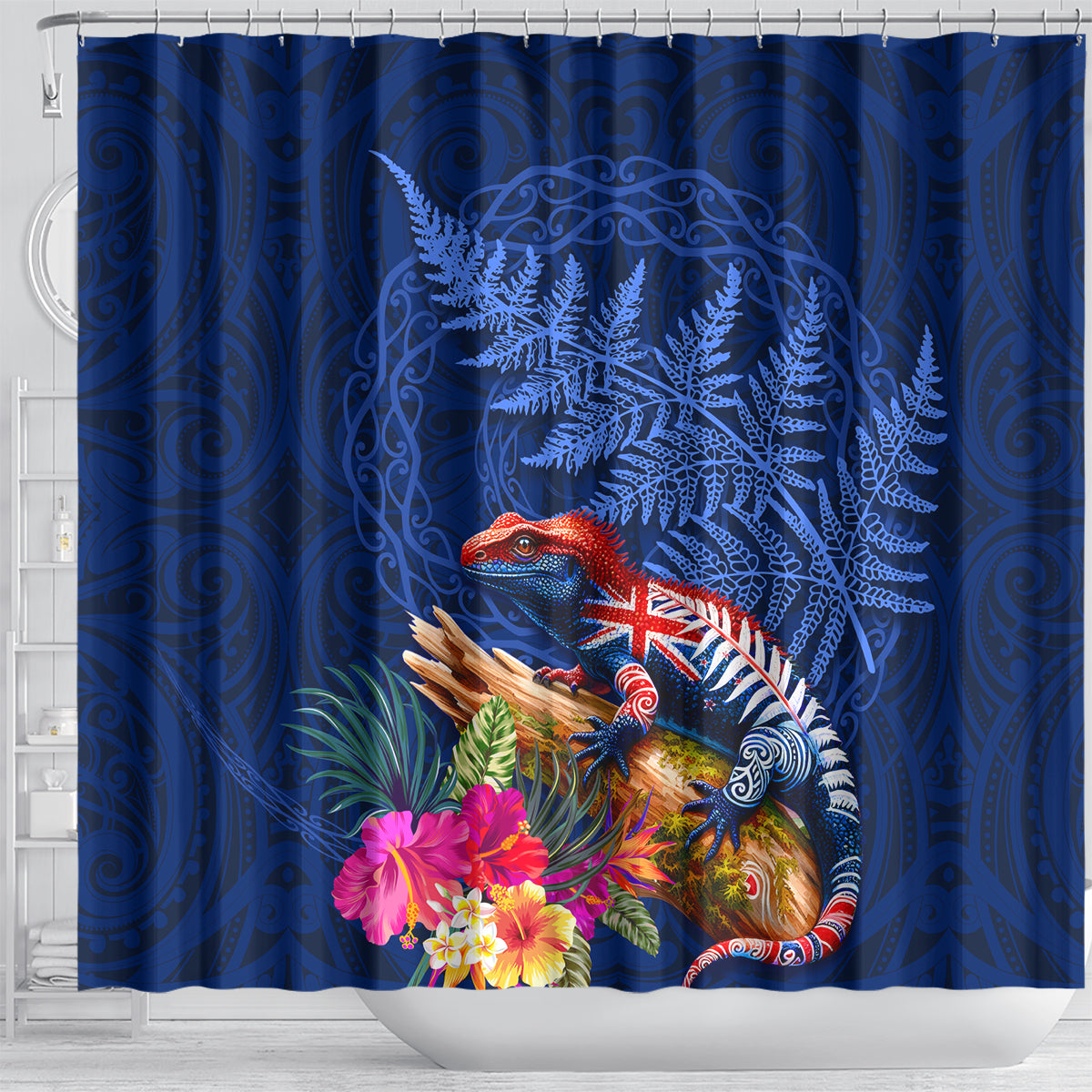 New Zealand Tuatara Shower Curtain Silver Fern Hibiscus and Tribal Maori Pattern Blue Color LT03 - Polynesian Pride