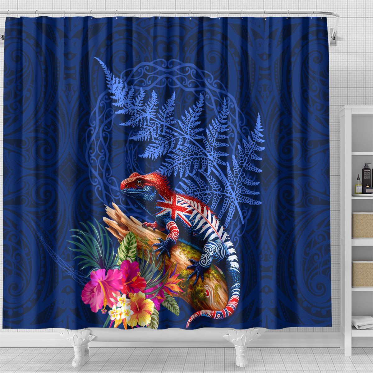 New Zealand Tuatara Shower Curtain Silver Fern Hibiscus and Tribal Maori Pattern Blue Color LT03 - Polynesian Pride