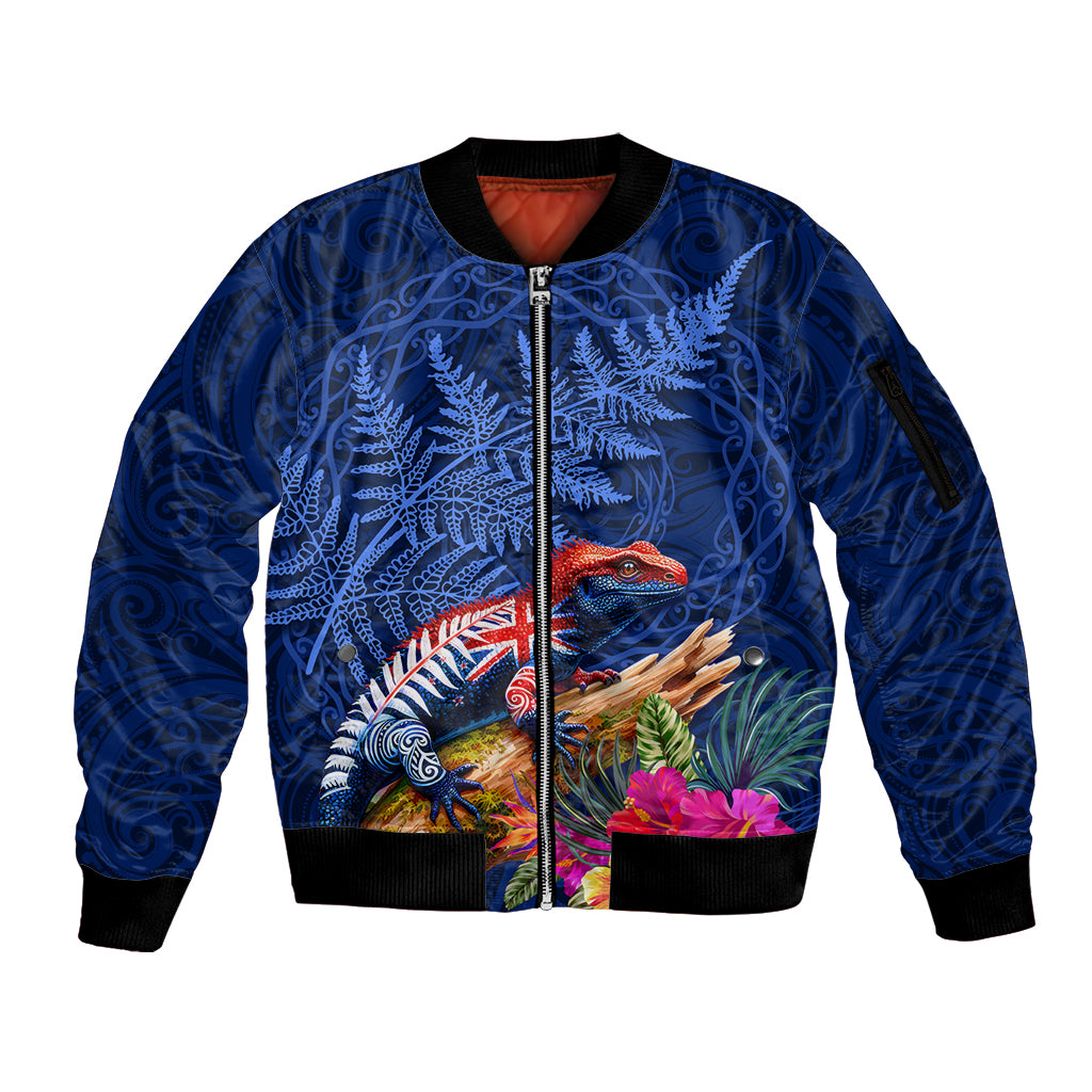 New Zealand Tuatara Sleeve Zip Bomber Jacket Silver Fern Hibiscus and Tribal Maori Pattern Blue Color LT03 Unisex Blue - Polynesian Pride