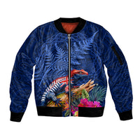 New Zealand Tuatara Sleeve Zip Bomber Jacket Silver Fern Hibiscus and Tribal Maori Pattern Blue Color LT03 Unisex Blue - Polynesian Pride