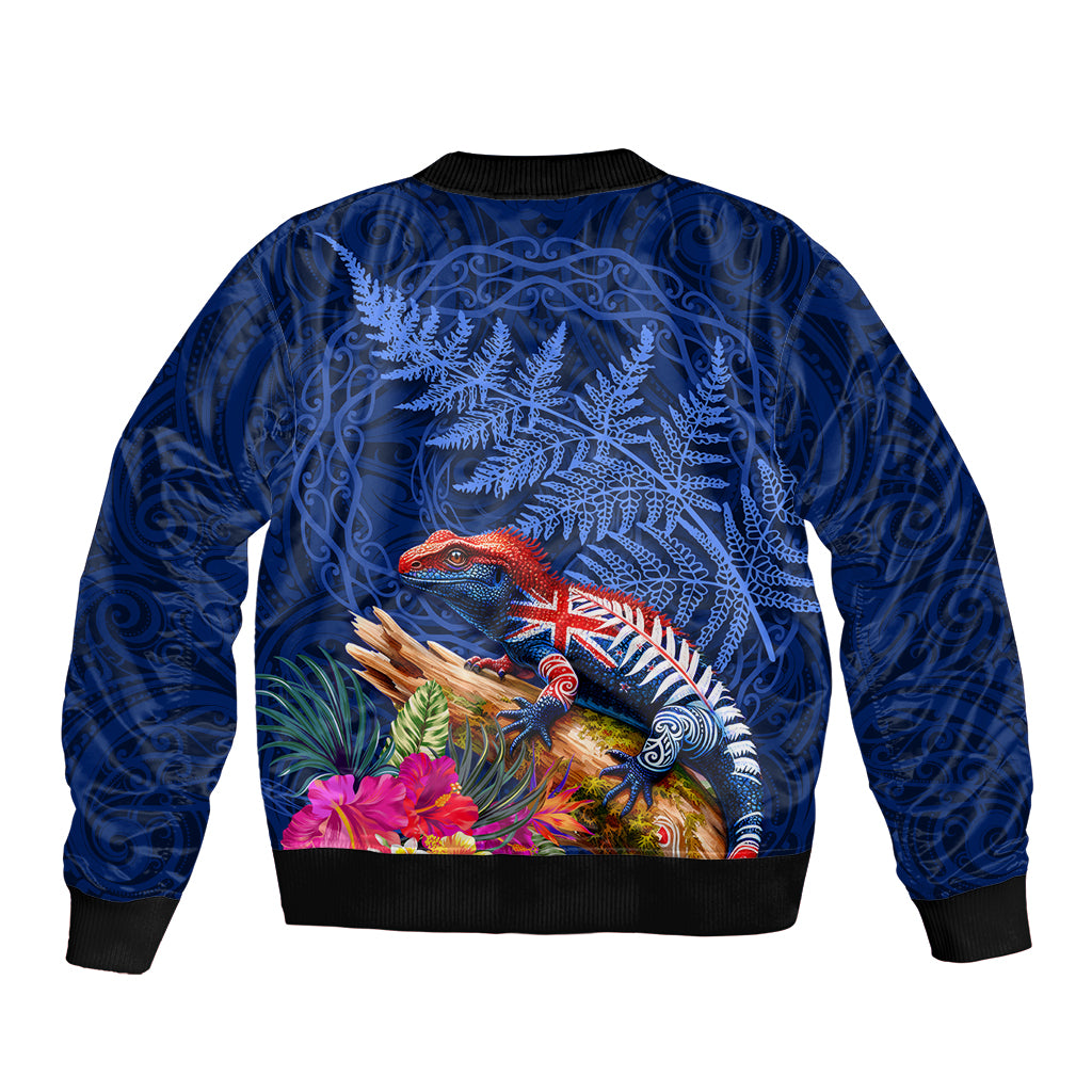 New Zealand Tuatara Sleeve Zip Bomber Jacket Silver Fern Hibiscus and Tribal Maori Pattern Blue Color LT03 - Polynesian Pride