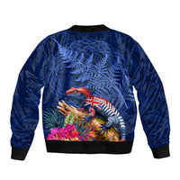 New Zealand Tuatara Sleeve Zip Bomber Jacket Silver Fern Hibiscus and Tribal Maori Pattern Blue Color LT03 - Polynesian Pride